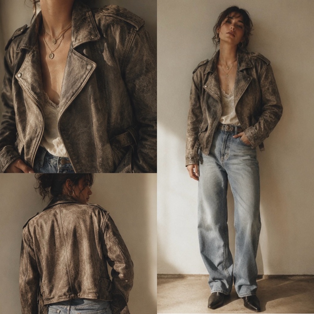 Vintage 90s Brass Plum Nordstrom Distressed Brown Leather Motorcycle Jacket - S